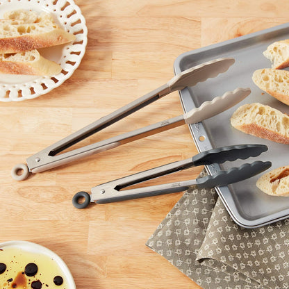 Tovolo Stainless Steel Tongs with Silicone Tips Set of 3 Mini 7” 9” 12 Inch with Easy Lock Mechanism for Cooking Grilling Air Fryer Serving, Red Black Charcoal Gray Heat Resistant Kitchen Tongs