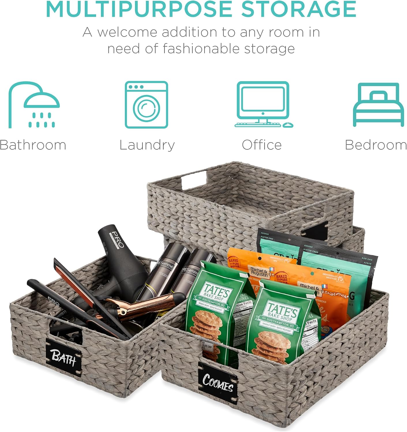 Best Choice Products Set of 4 9x12in Water Hyacinth Pantry Baskets, Woven Organizers w/Chalkboard Label, Chalk Marker - Natural