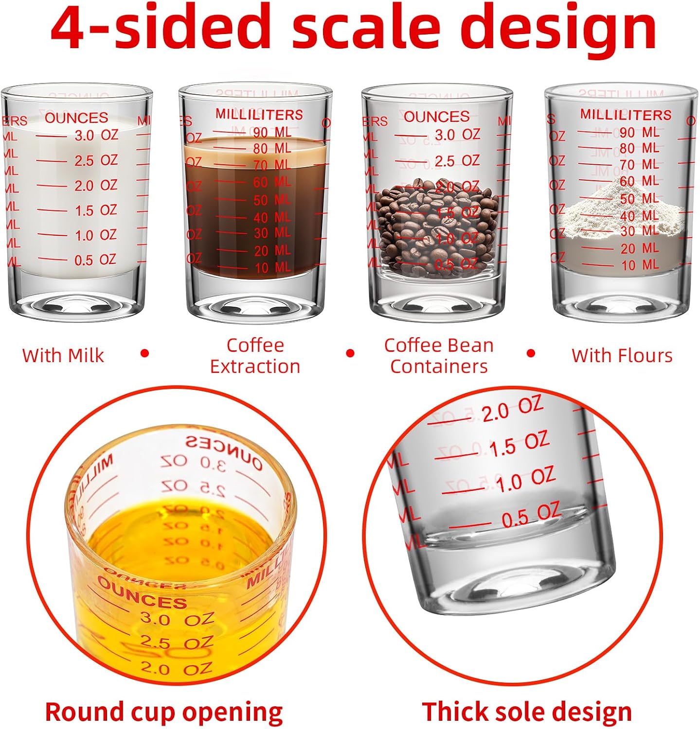 3Pcs Shot Glass Measuring Cup 3 Ounce/90ML Liquid Heavy High Espresso Glass Cup Black Line Espresso Shot Glasses with Measurement (3, Red scale)