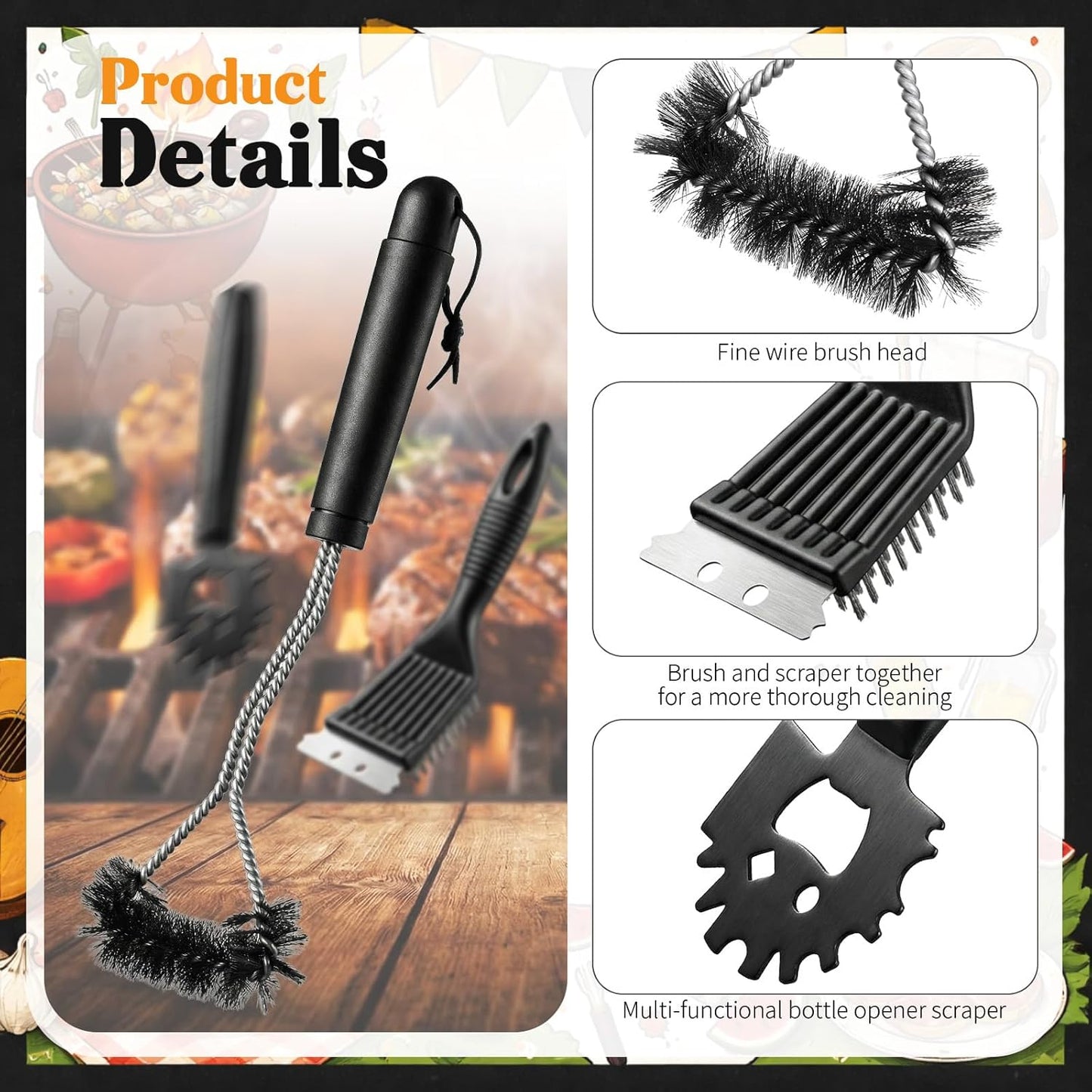5 Pcs BBQ Grill Brush for Outdoor 304 Stainless Steel Grill Cleaning Tools Set with Scraper, Pointed Tail, Triangular, Scouring Pad Brush for Gas Porcelain Charbroil Grates for Men Dad