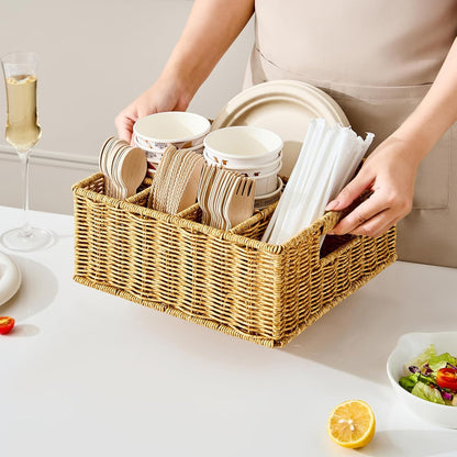 Berdeng Utensil Holder for Party, Paper Plate Dispenser for Countertop, Silverware Caddy for Picnic, Cutlery Holder for Kitchen Camping Buffet, Wicker Basket with 6 Compartments