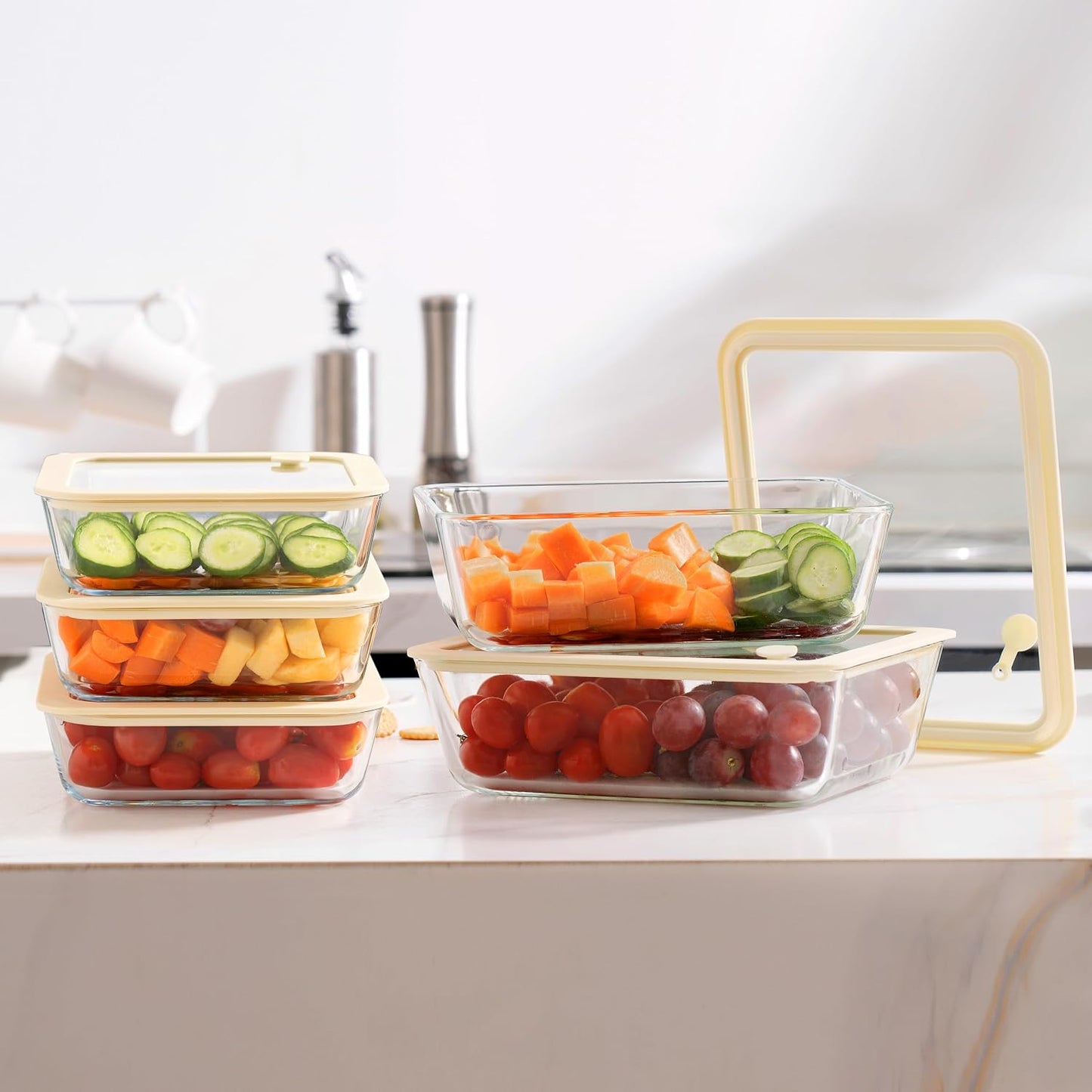 Urban Green Glass Food Container Set with Glass Lid, 4 Pack, Food Storage Containers Set, Airtight, LeakProof, 100% Plastic Free, Meal Prep Containers (White Color)
