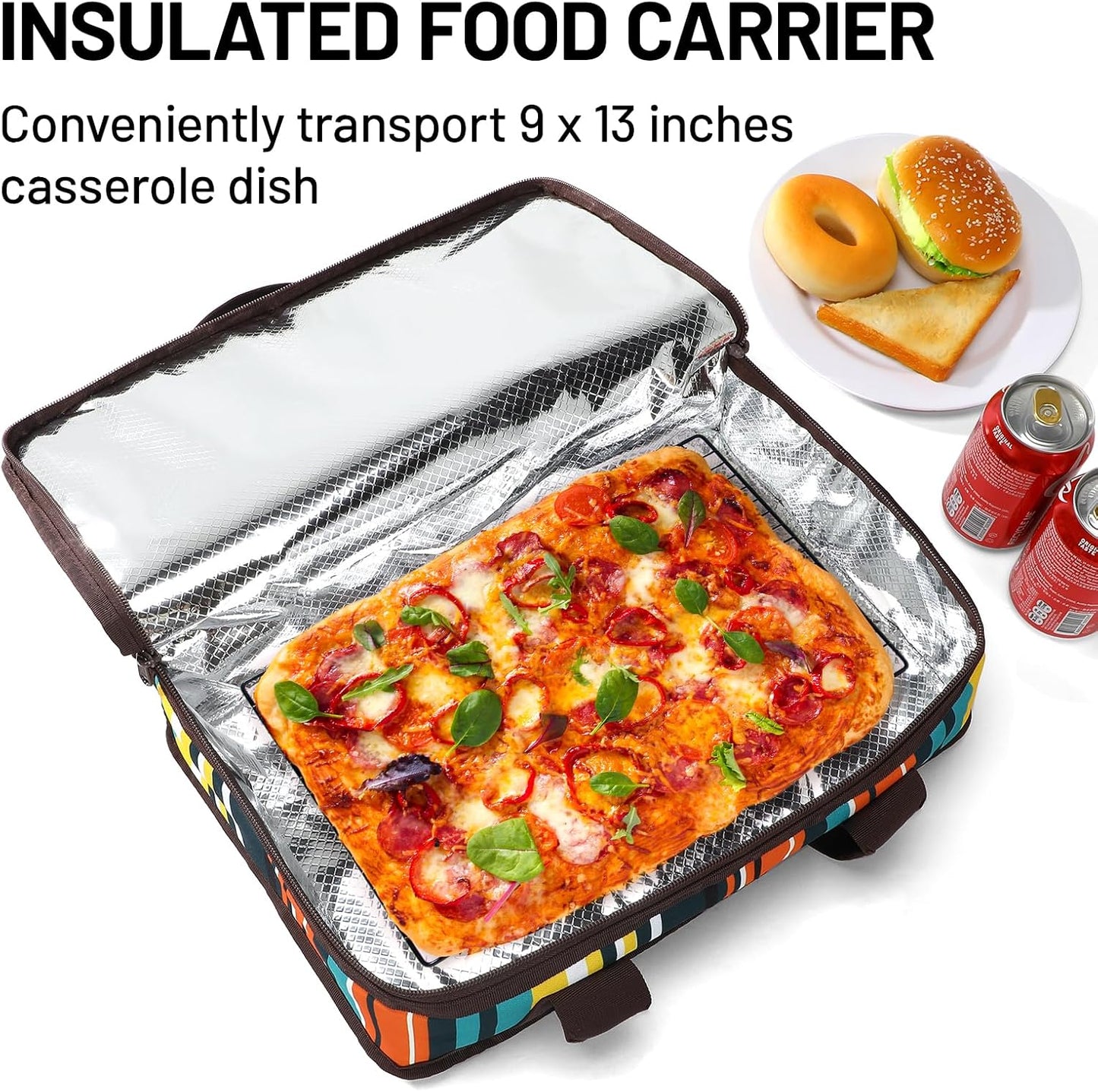 MIER Insulated Casserole Carrier for Hot or Cold Food Thermal Food Carrier Bag for Lasagna Potluck Parties Picnic Cookouts, Fits 9"x13" Baking Dish/Foil Pan, Red