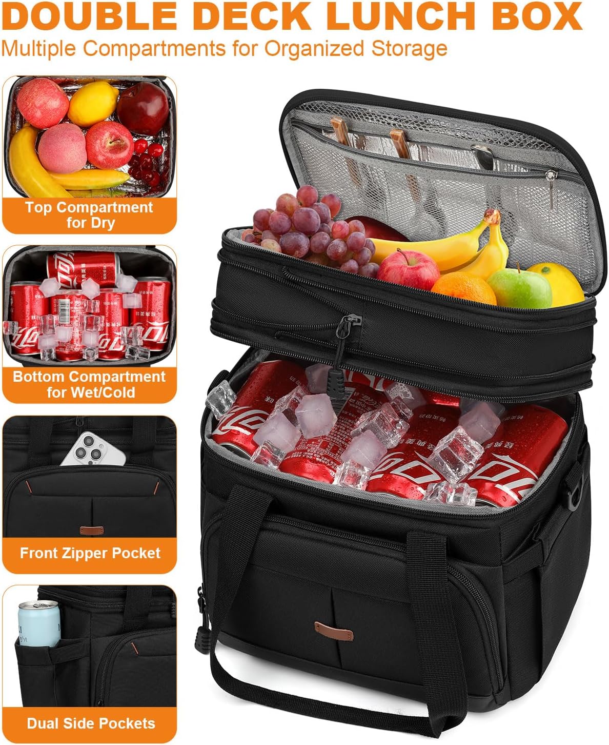 Pritent Lunch Box For Men Women Double Deck Insulated Lunch Bag For Men Woman Leakproof Expandable Cooler Bag with Adjustable Shoulder Strap for Kids Shool Work Picnic Camping(Beige,Large)