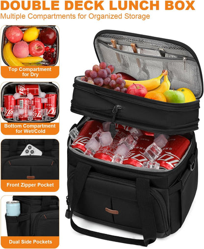 Pritent Lunch Box For Men Women Double Deck Insulated Lunch Bag For Men Woman Leakproof Expandable Cooler Bag with Adjustable Shoulder Strap for Kids Shool Work Picnic Camping(Beige,Large)