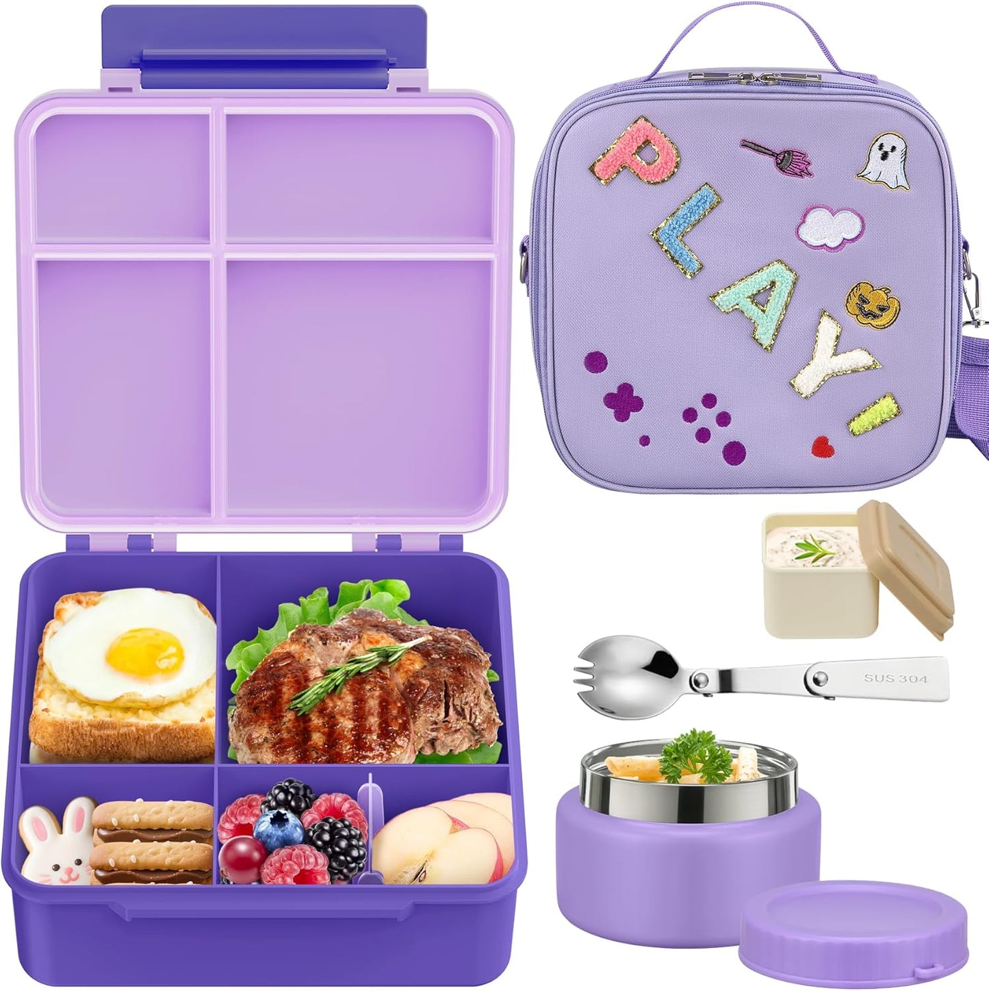 Kids Bento Lunch Box with Thermo, Include 9oz Soup Thermo, Kids Leakproof Lunch Box with 4 Compartment, Insulated Lunch Bag for Girls Boys to School Travel
