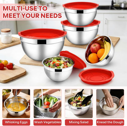 E-far Mixing Bowls With Lids Sets of 5, 10-Piece Stainless Steel Salad Metal Nesting Bowl for Baking Cooking and Prepping, Airtight Lid & Stackable Design, Size 4.6, 3, 2.1, 1.5, 0.7 QT, Black