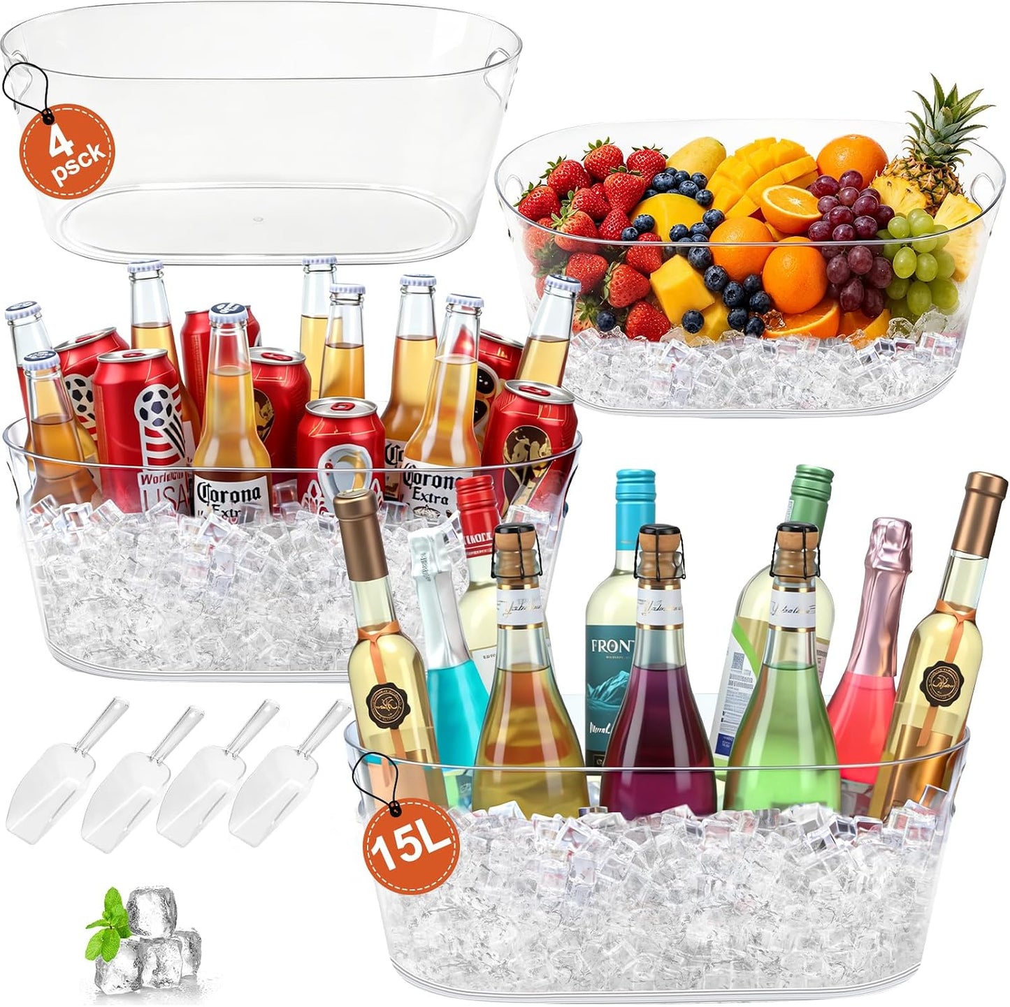 2 PCS Ice Buckets for Parties, 15L Large Ice Bucket, 4 Gallon Clear Acrylic Champagne Wine Buckets with 2 Scoops, Beverage Tub Mimosa Bar Supplies for Champagne, Beer, Cocktail