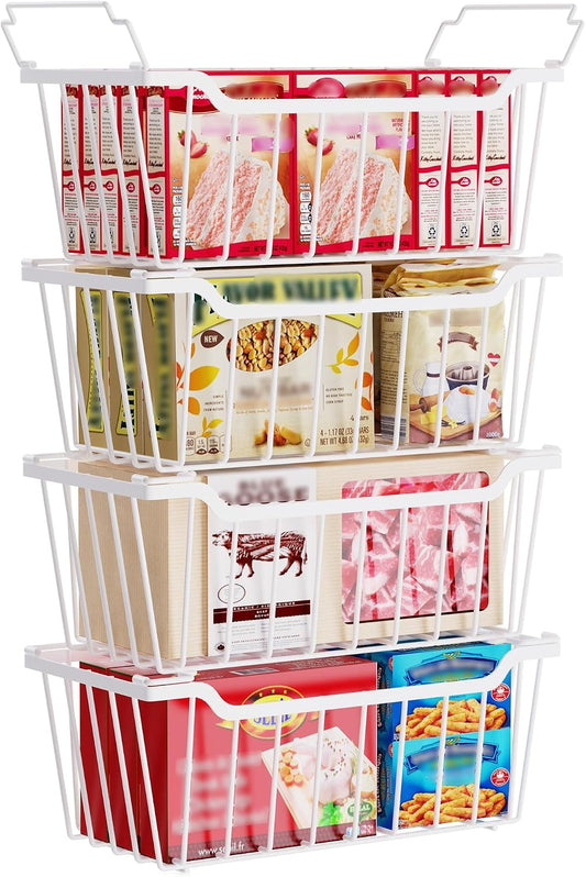 SUNALLY Freezer Organizer Bins, 4 Pack Chest Freezer Organizer Stackable for 5-7 Cu.FT Deep Freezer Sort Frozen Meats and Food, Freezer Storage Baskets with Handles Easy Reach from Bottom, White