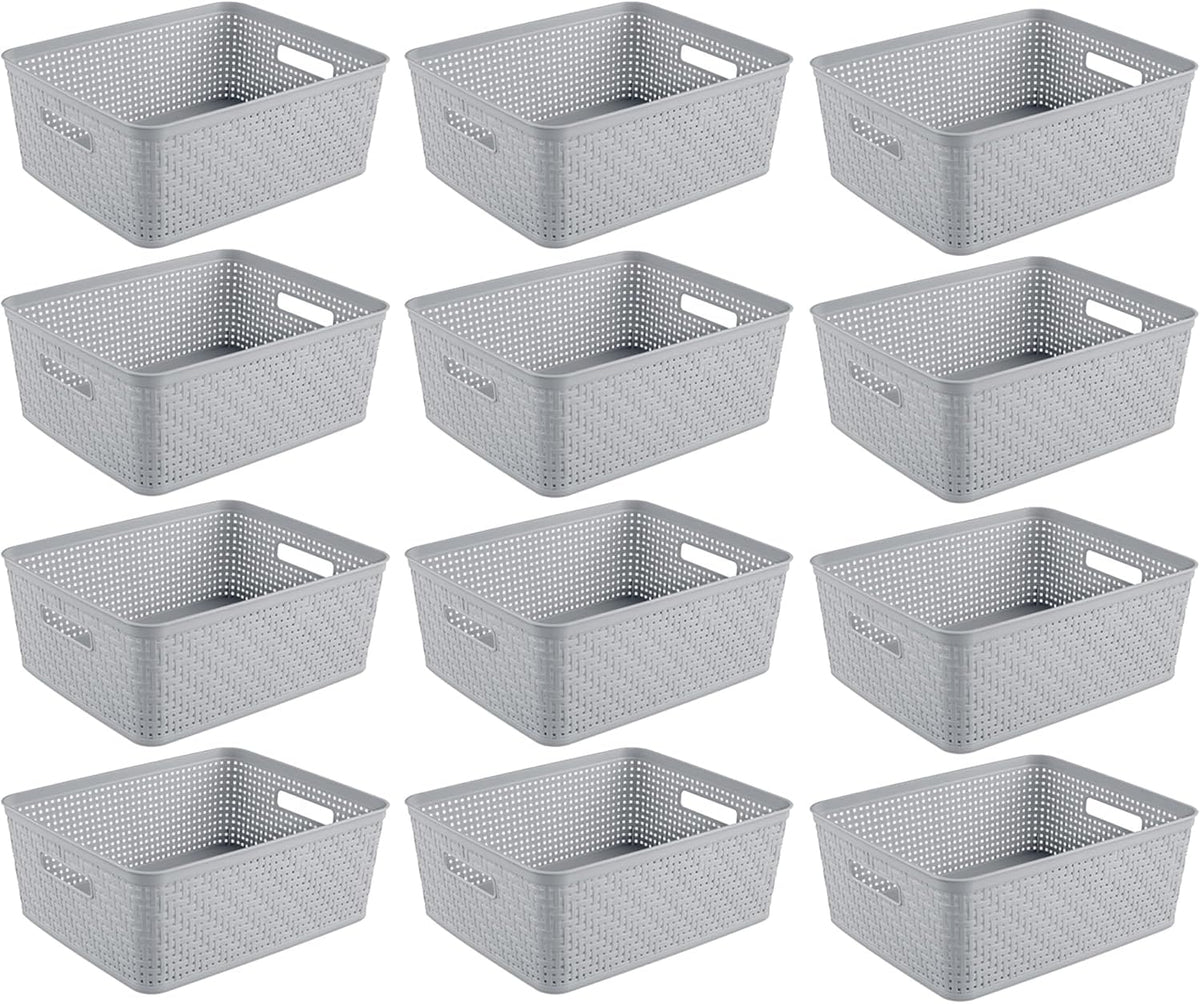 Sterilite 6-Pack Tall Basket, Woven Plastic Storage Baskets for Organization, Cement - Organizing Bin Containers with Handles for Bedroom, Bathroom, Dorm, and Closet