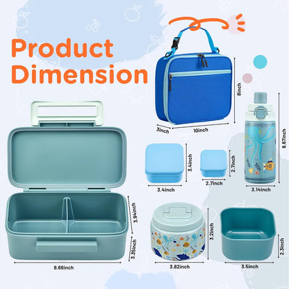 MAISON HUIS Bento Box for Kids with 8oz Soup Thermo, Insulated Lunch Bag & 17oz Water Bottle, 2-Compartment Bento Box with Built-In Ice Pack, Leak-Proof & BPA-Free