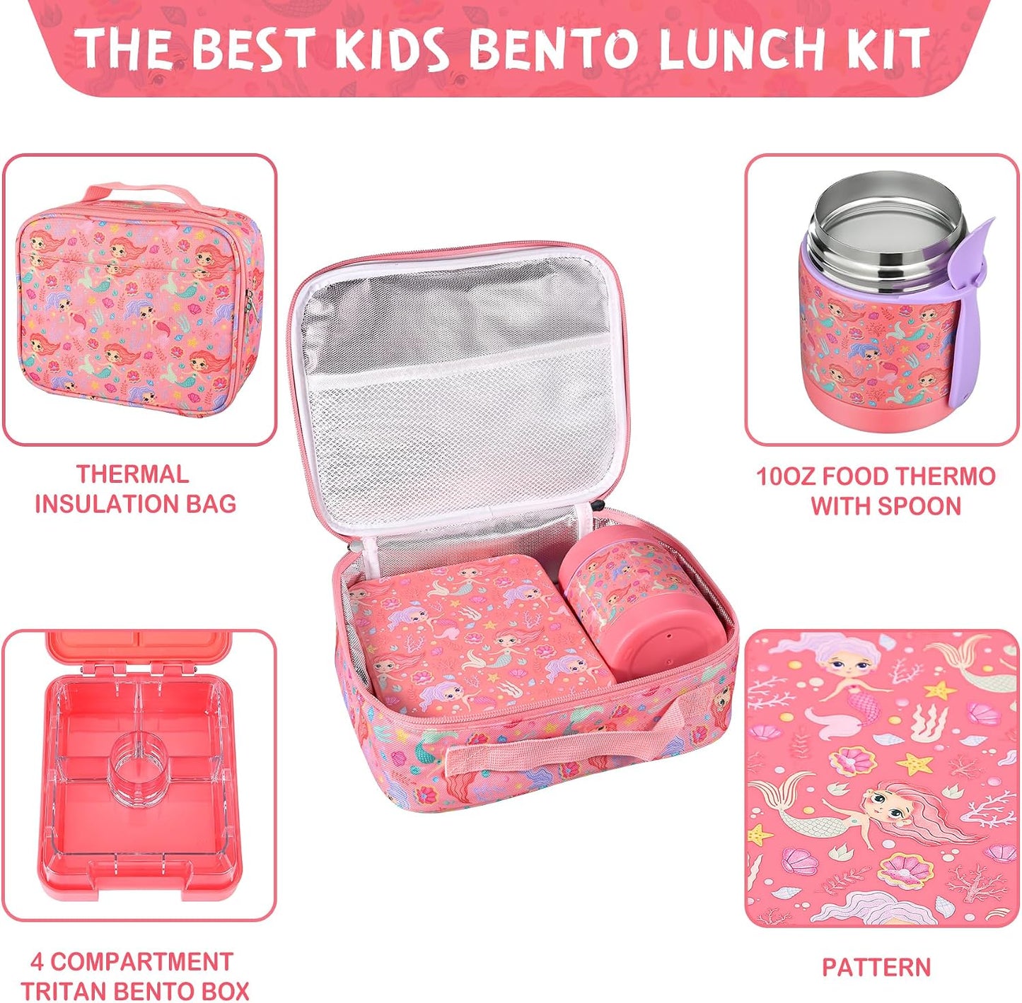 Pawtong Bento Lunch Box Set With 10oz Soup Thermo, Leak-proof Lunch Containers with 4 Compartment, Kids Hot Thermo Food Jar/Insulation Lunch Bag, Food Containers for School（Dinosaur）