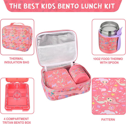 Pawtong Bento Lunch Box Set With 10oz Soup Thermo, Leak-proof Lunch Containers with 4 Compartment, Kids Hot Thermo Food Jar/Insulation Lunch Bag, Food Containers for School（Dinosaur）