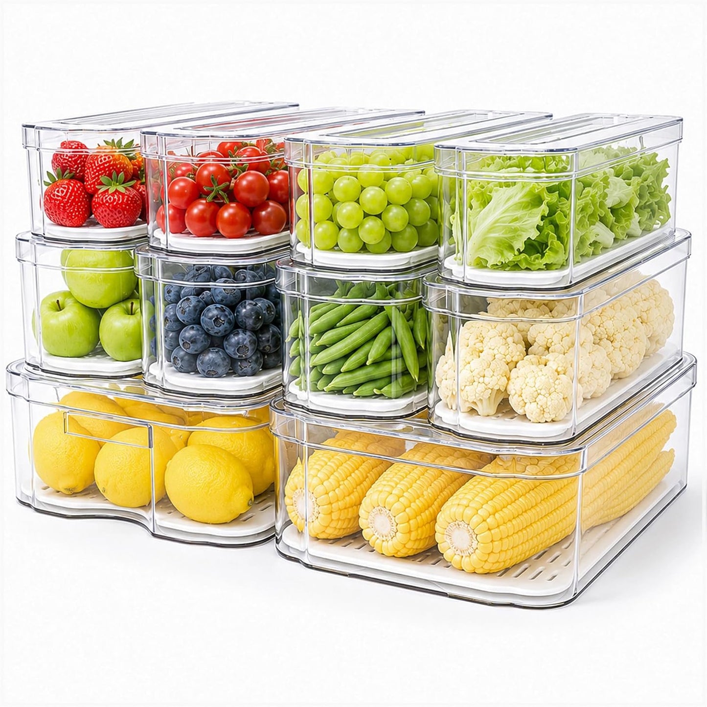 SMRCAD Refrigerator Organizers and Storage, 6 Pack with 1 Pull-Out Drawer and 5 Lidded Bins, Fruit Storage Containers for Fridge with Drain Trays, Helps Keep Produce Fresh