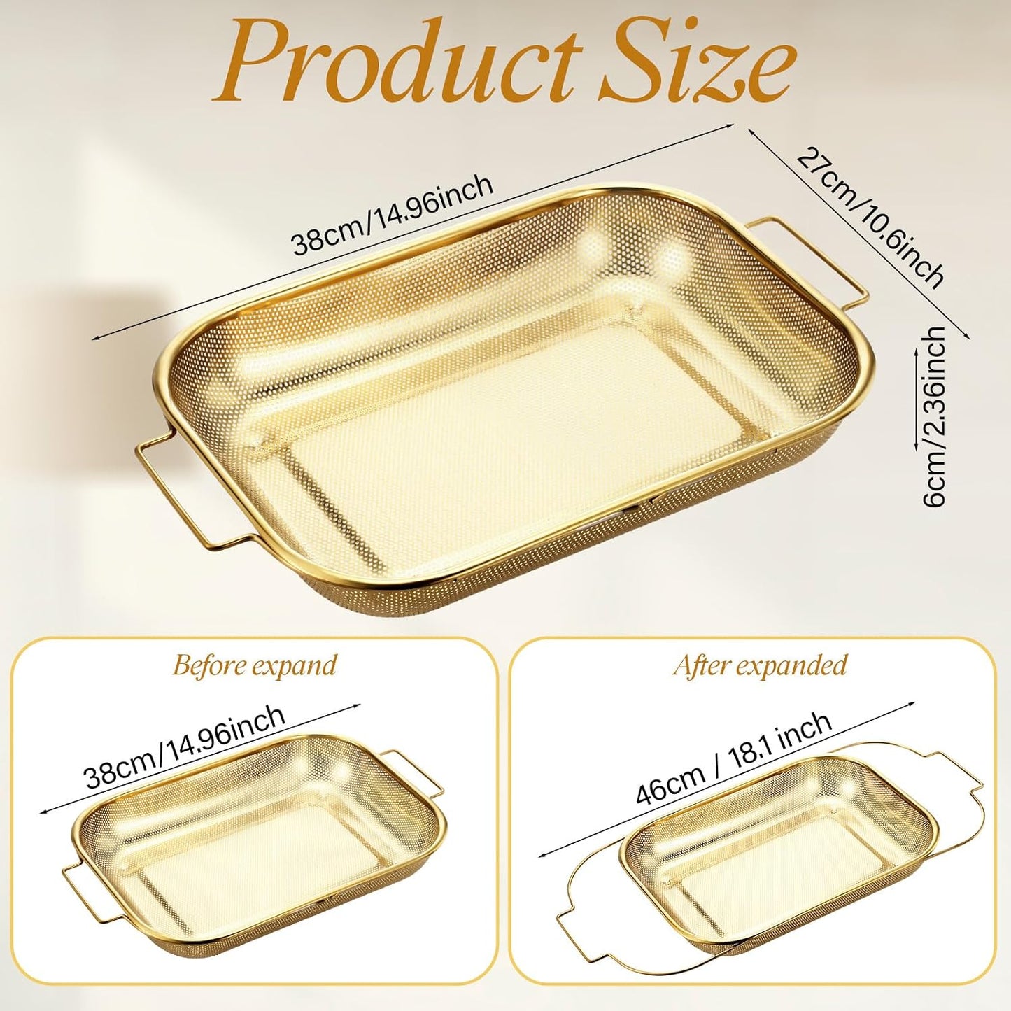 LemonRoad Gold Over the Sink Colander with Expandable Handles and 3 Pcs Gold Fine Mesh Strainer Large Stainless Steel Colander Strainer Basket for Kitchen Accessories (15-18.1 L x 10.6 W x 2.4 H)