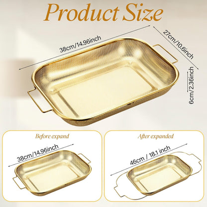 LemonRoad Gold Over the Sink Colander with Expandable Handles and 3 Pcs Gold Fine Mesh Strainer Large Stainless Steel Colander Strainer Basket for Kitchen Accessories (15-18.1 L x 10.6 W x 2.4 H)