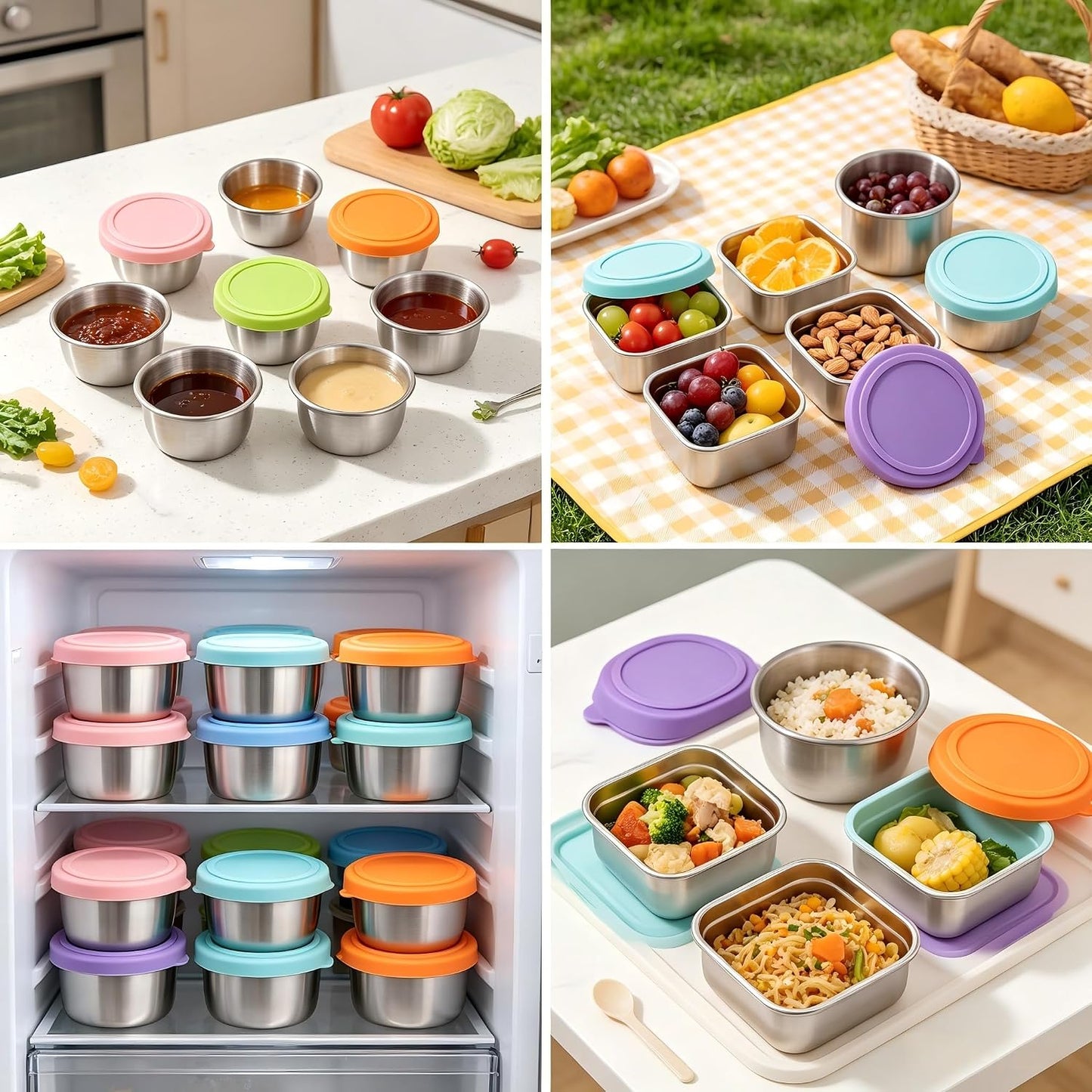 Set of 6 Stainless Pinch Bowls - 1.35 fl oz with Lids, Leakproof Reusable Mini Dipping Cups, Small Condiment Containers for Salad Dressing, Ketchup, Seasoning, 6 Colors, Dishwasher Safe