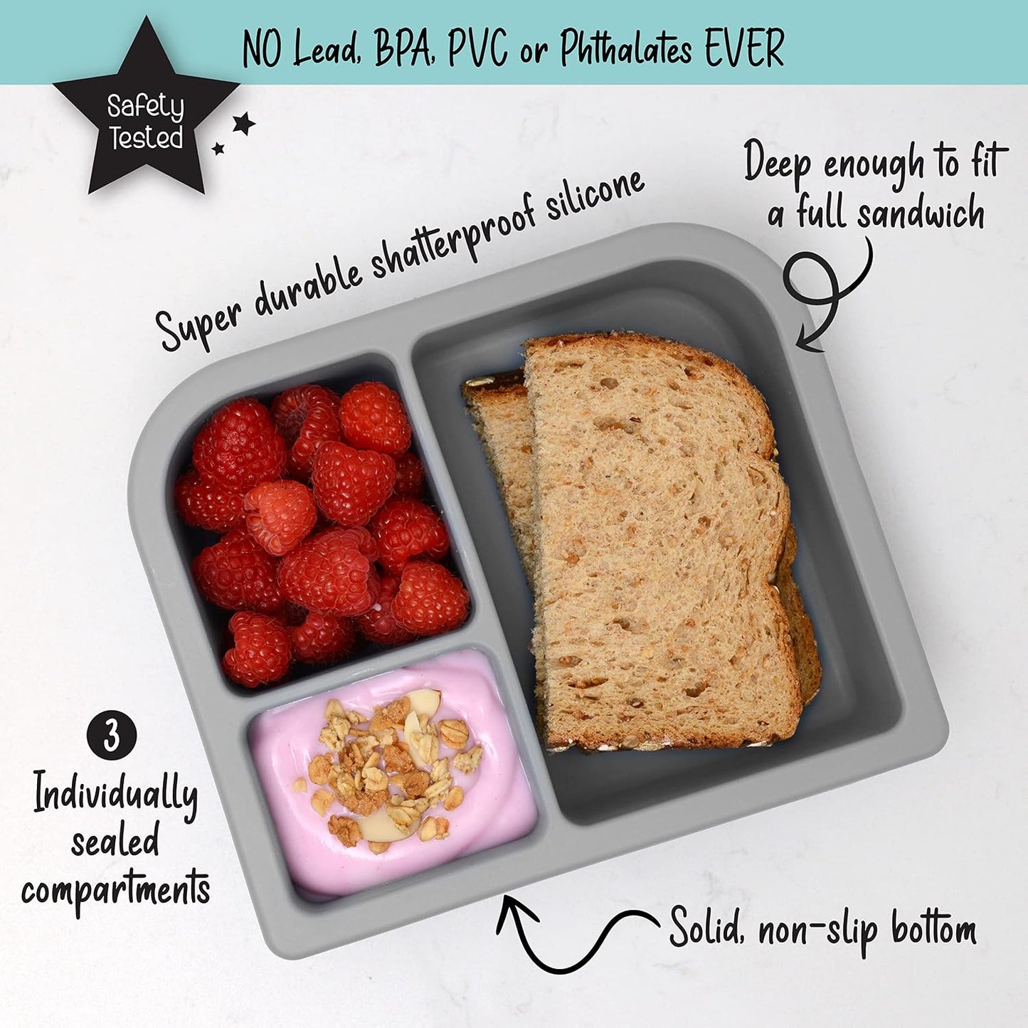 PrimaStella Unbreakable Silicone Lunch Box for Kids and Adults - Divided Leak Proof Bento Box (Slate Blue)