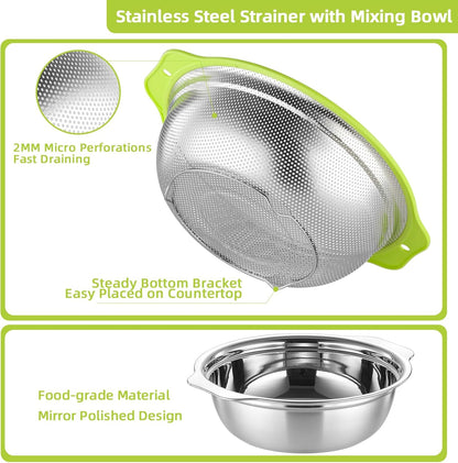 Colander Stainless Steel Microporous, 5QT Large Capacity Rice Washer with Mixing Bowl, 12.5’’Rice Strainer Bowl Set with Handle, Food-Grade Strainers and Colanders for Washing Rice, Pasta
