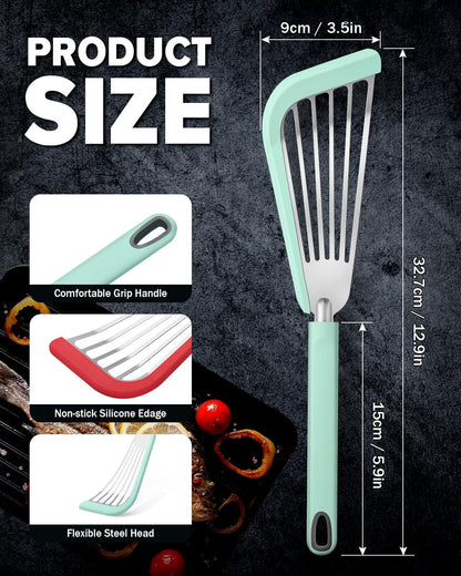 Fish Spatula Turner, Thin Slotted Spatulas for Nonstick Cookware,Silicone Edge Heat Resistant Kitchen Flipper for Fish, Egg, Pancake(Stainless Steel, 2Pack)