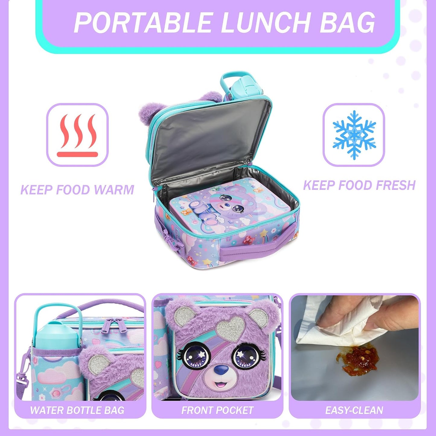 Kids Bento Lunch Box with 6 Compartments Girls Lunch Box with Lunch Bag,Stainless Steel Water Bottle,Ice Pack & Utensils Set,Birthday Gifts for Ages 3-12 Back to School Toddler Girls