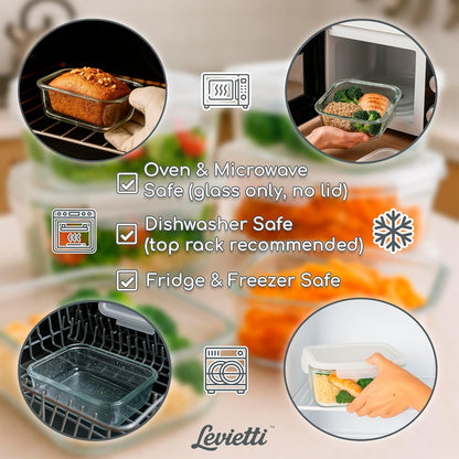 Levietti 2-Pack Borosilicate Glass Food Storage Containers with Lids 35oz (1040 ml) — Airtight Leakproof Meal Prep Containers, BPA-Free Snap Lock Lids, Oven Microwave Freezer Dishwasher Safe