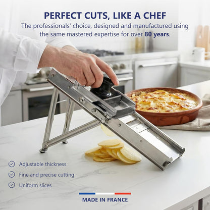 Bron Coucke – Professional Stainless Steel Mandoline with Protective Carriage – 2 Integrated Cutting Blade Units (3 mm & 10 mm) – Smooth & Corrugated Blades – Adjustable – Multi-Function