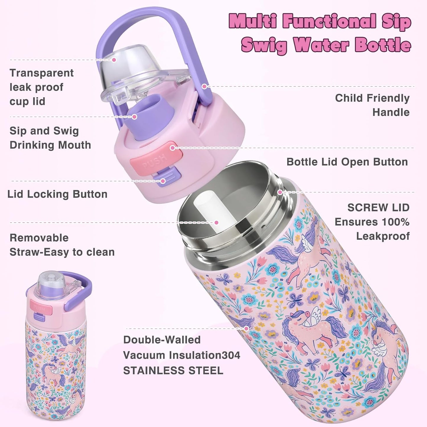Bento Lunch Box for Kids with 7oz Soup Thermo,Insulated Stainless Steel Kids Water Bottle with Straw and Insulated Lunch Bag,Leak-Proof Lunch Food Container with Ice Pack for School (Purple-Mermaid)