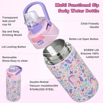 Bento Lunch Box for Kids with 7oz Soup Thermo,Insulated Stainless Steel Kids Water Bottle with Straw and Insulated Lunch Bag,Leak-Proof Lunch Food Container with Ice Pack for School (Purple-Mermaid)