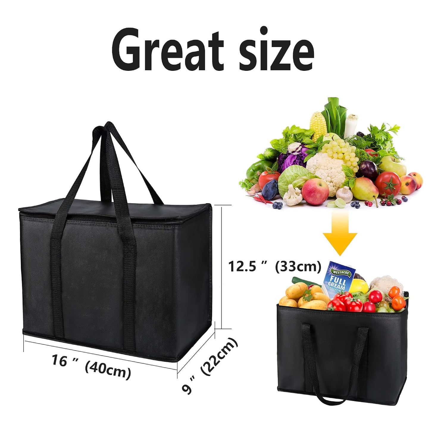 musbus 2-Pack, XL-Large Insulated Grocery Shopping Bags, Black, Reusable Bag,Thermal Zipper,Collapsible,Tote,Cooler,Food Transport hot and Cold,Camping