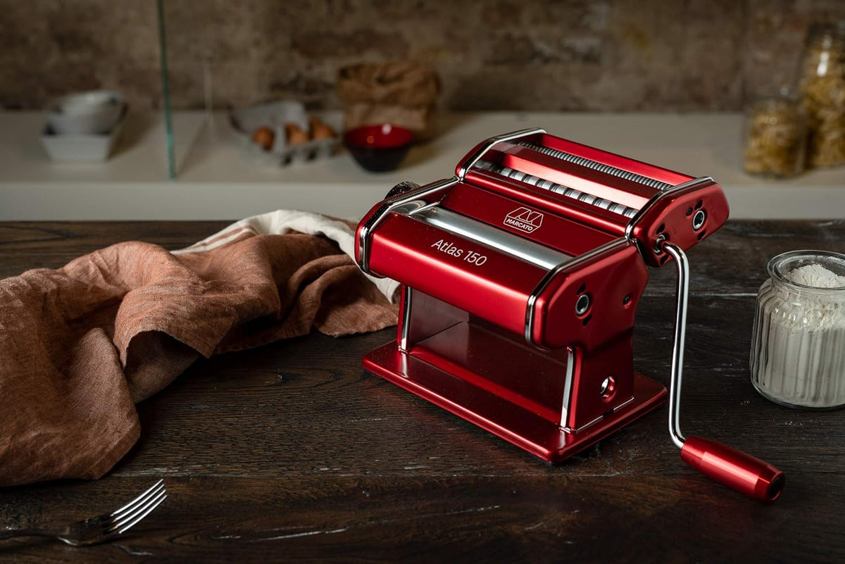 MARCATO Atlas 150 Machine, Made in Italy, Red, Includes Pasta Cutter, Hand Crank, and Instructions