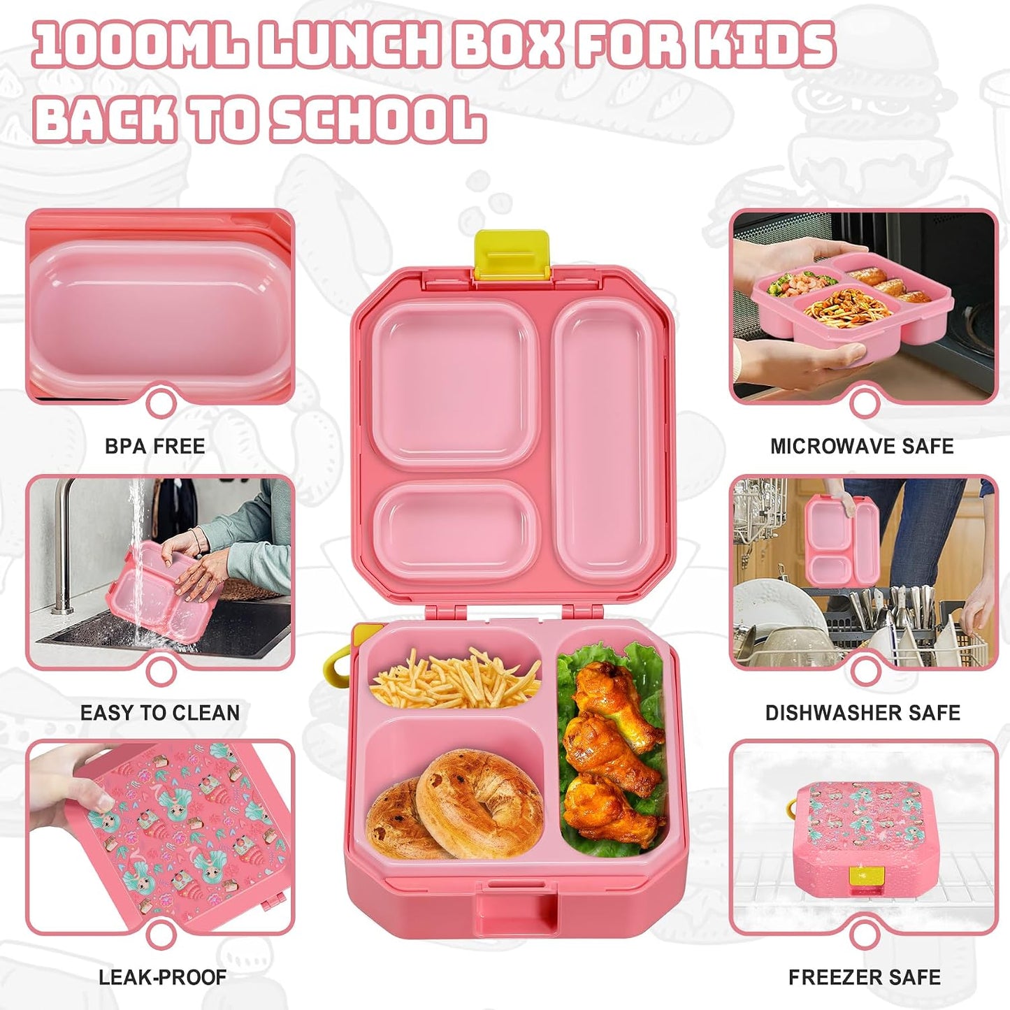 Itslife Bento Lunch Box Set for Kids with 12oz Soup Thermo&Lunch Bag, Leak-Proof Lunch Food Containers for Kids School, 5 Compartment, Sauce Cup, 10 Notes (Dinosaurs Black)