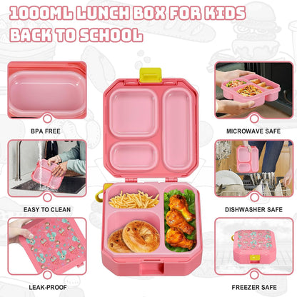 Itslife Bento Lunch Box Set for Kids with 12oz Soup Thermo&Lunch Bag, Leak-Proof Lunch Food Containers for Kids School, 5 Compartment, Sauce Cup, 10 Notes (Dinosaurs Black)