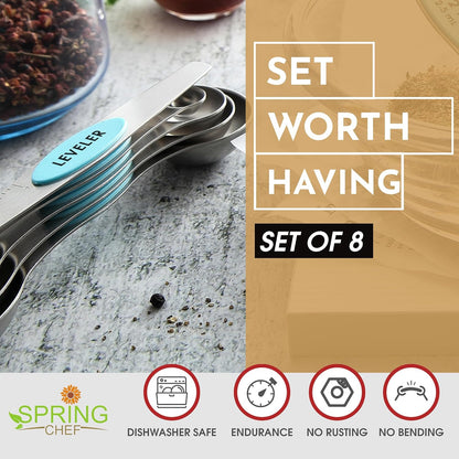 Spring Chef Stainless Steel Magnetic Measuring Spoons Set with Strong N45 Magnets, Heavy Duty Metal Kitchen Gadgets for Baking & Cooking, Fits in Most Kitchen Spice Jars, Set of 8 with Leveler, Black