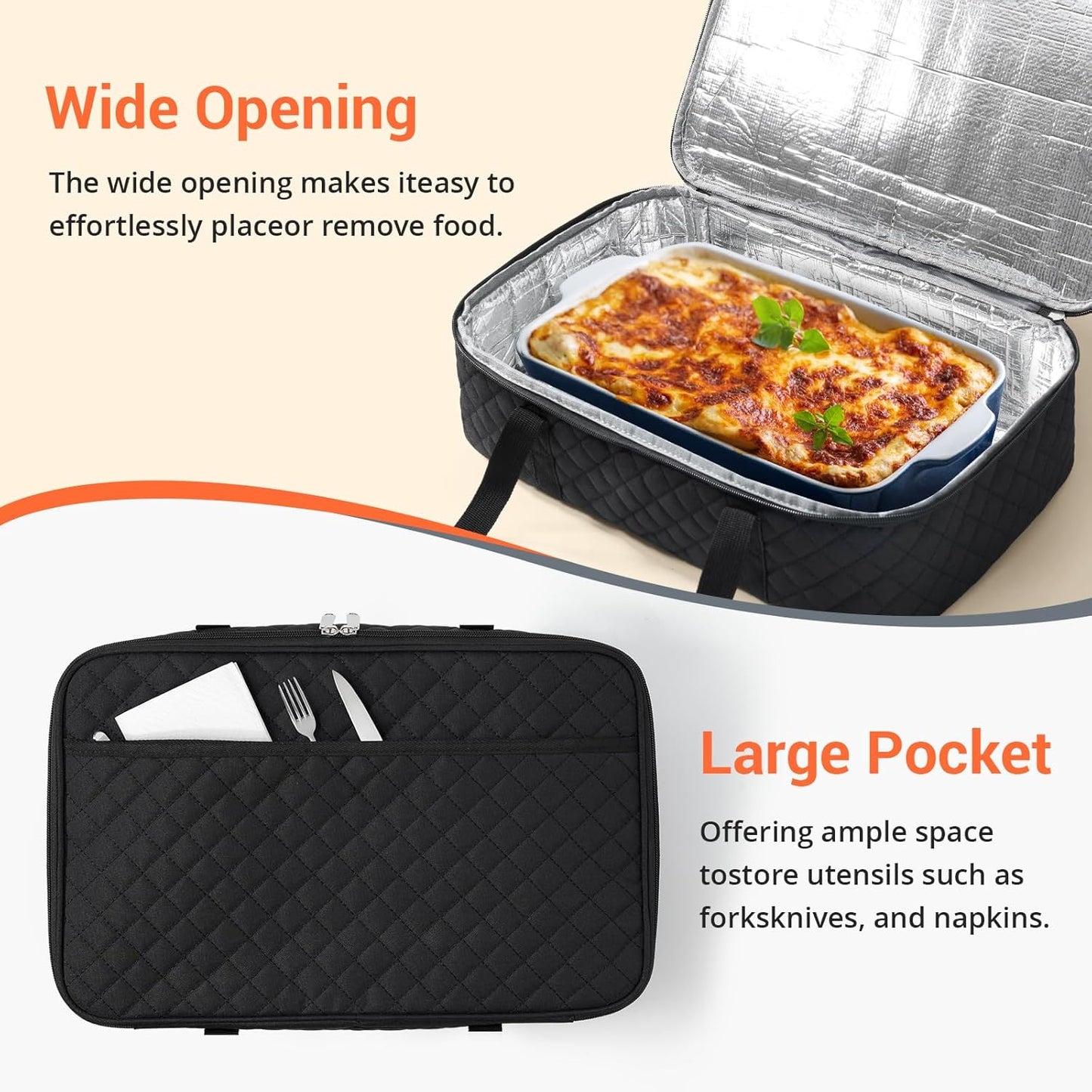 Insulated Casserole Carrier Portable Food Tote for Hot or Cold – Fits 9"x13" Baking Dish, Lasagna Holder for Parties, Picnic, Travel, Beach - Black