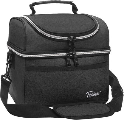 Tirrinia Reusable Lunch Box for Men Women, Insulated Lunch Bag Adult Work, Double Decker Leakproof Lunchbox for Office Picnic Beach—Dual Compartment Lunch Cooler Bag