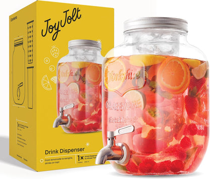 1-Gallon Drink Dispenser. Glass Beverage Dispenser with Stainless steel Spigot plus Ice Cylinder and Fruit Infuser! Water Dispenser, Lemonade Stand, Juice Container - Drink Dispensers for Parties