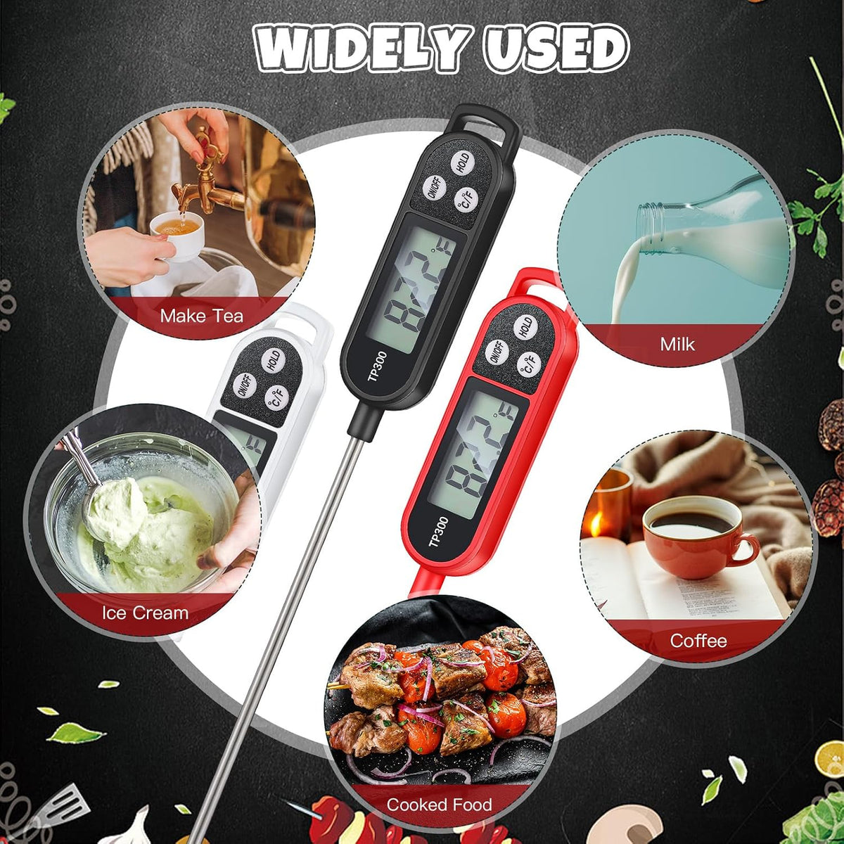 Copkim Instant Read Meat Thermometer Long Probe,Black, White, Red
