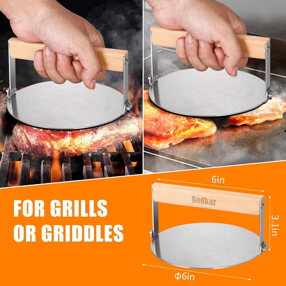 bodkar Stainless Steel Burger Press, 6 inch Round Burger Smasher