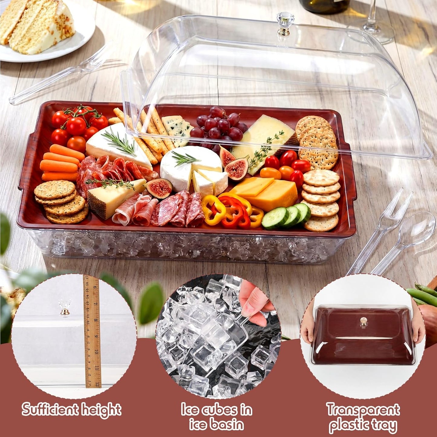 Baderke 16" x 9" Chilled Serving Tray for Parties with lids Compartments Ice Chilled Party Platter Charcuterie Serving Board Cold Dish Dip with Tongs for Fruit Seafood Vegetable (Dark Wood)
