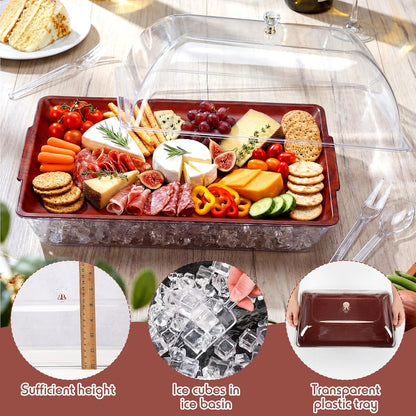 Baderke 16" x 9" Chilled Serving Tray for Parties with lids Compartments Ice Chilled Party Platter Charcuterie Serving Board Cold Dish Dip with Tongs for Fruit Seafood Vegetable (Dark Wood)