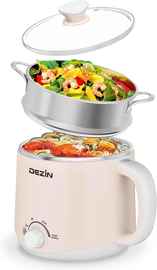 Dezin 1.6L Electric Pot with Steamer, Stainless Steel Pot with Dual Power