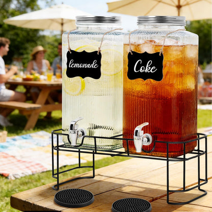 2 Pack 2 Gallon Glass Drink Dispenser Glass Beverage Dispenser with Stand Spigot Drink Coasters and Filter Leakproof Water Jar Clear Iced Drink Jug for Parties Juice Lemonade Picnics Fridge