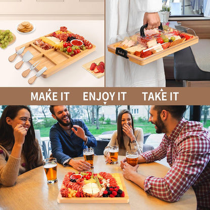 CAWIU Portable Travel Charcuterie Board with Lid and Handle - Large Bamboo Cheese Board with 4 Cheese Knife Set for Outdoor, Picnics - Weddings, House Warming Gift for Women (1 Compartment, White)