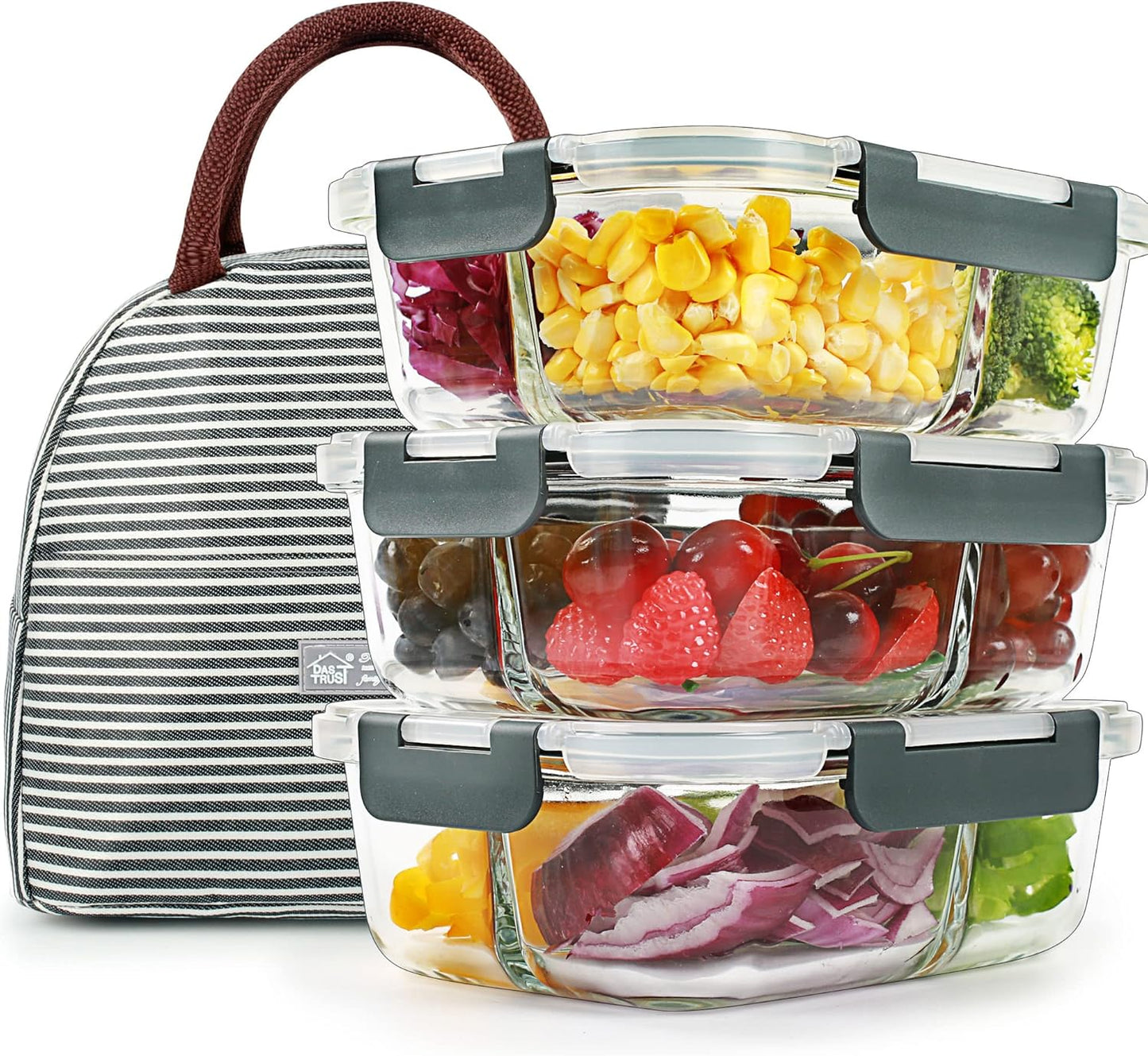 DAS TRUST 3 Pack Bento Box Glass Meal Prep Containers - 3 Compartment Glass Food Storage Containers with Lids - Lunch Box Meal Prep Bowls - Oven Safe