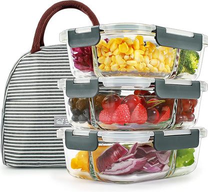 DAS TRUST 3 Pack Bento Box Glass Meal Prep Containers - 3 Compartment Glass Food Storage Containers with Lids - Lunch Box Meal Prep Bowls - Oven Safe