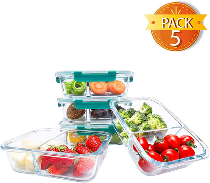 BlueHills Premium Glass Meal Prep Lunch Containers with Snap Green Lock Lids Glass Food Containers BPA-Free Oven Freezer Dishwasher Safe 5 pack set 10 pieces 36 Oz 4.5 cups (G002 Two Compartments)