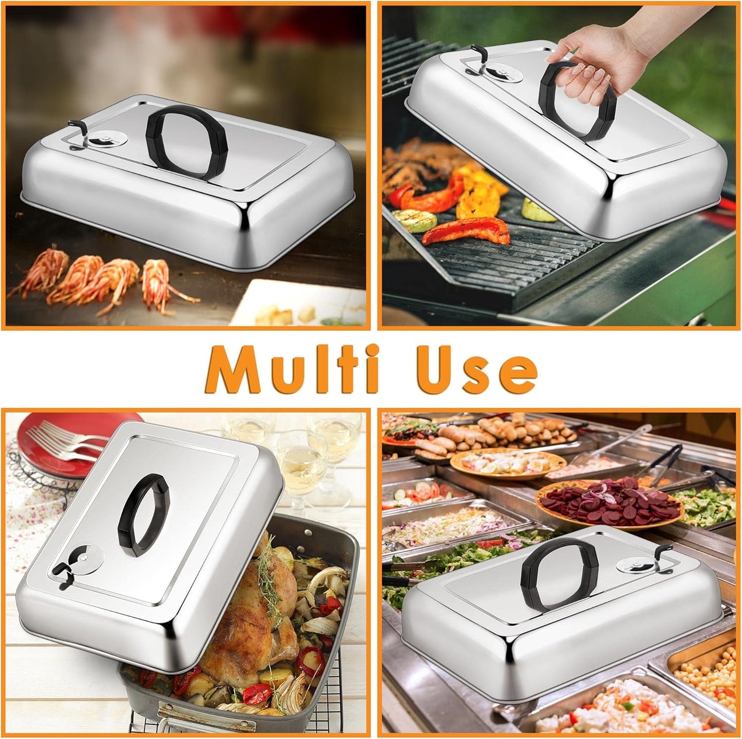 Leonyo 13 x 9 Inch Rectangular Basting Cover Set of 2, Stainless Steel Cheese Melting Dome Lid with Adjustable Vent Heavy Duty for Outdoor&Indoor Flat Top Griddle Accessories Teppanyaki BBQ Grilling