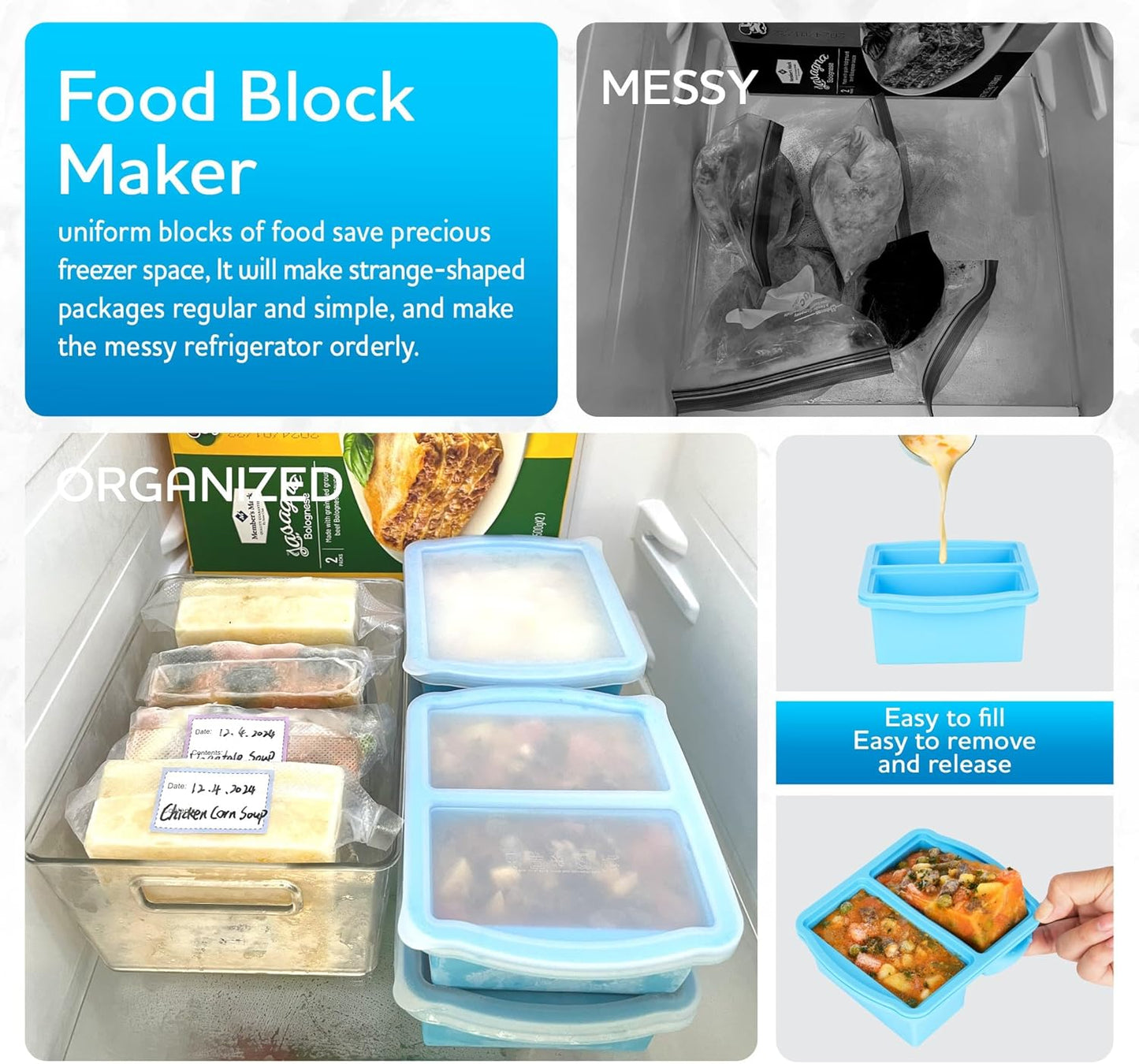 ZIP STANDING Silicone Freezer Trays with Lids, Set of 4 - with 1cup and 2 cup Silicone Freezer Molds for freezing soups, sauces and individual microwave safe