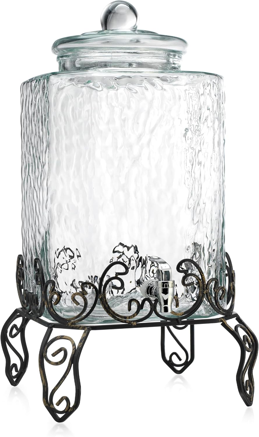 3 Gallon Glass Drink Dispenser with Metal Stand & Lid – Hammered Beverage Dispenser with Leakproof Spigot, Wide Mouth for Easy Fill – Ideal for Parties, Lemonade, Iced Tea, Sangria & More